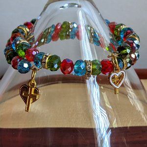 Blue, Red, and Green Crystal Beaded Memory Wire Bracelet
